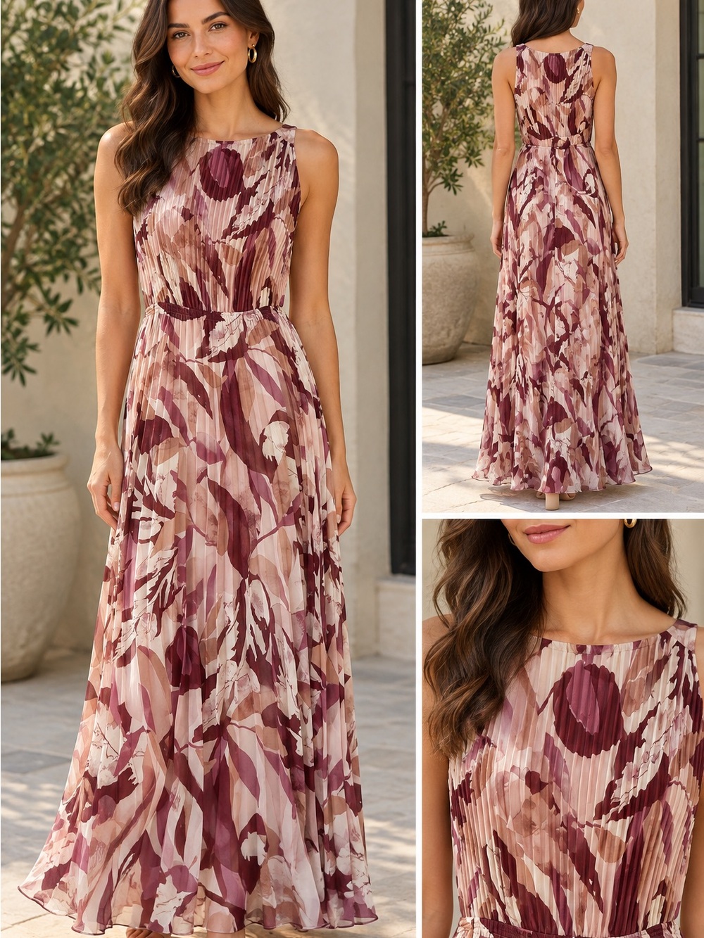 RW&CO. Pleated Floral Maxi Dress in Mauve and Blush
